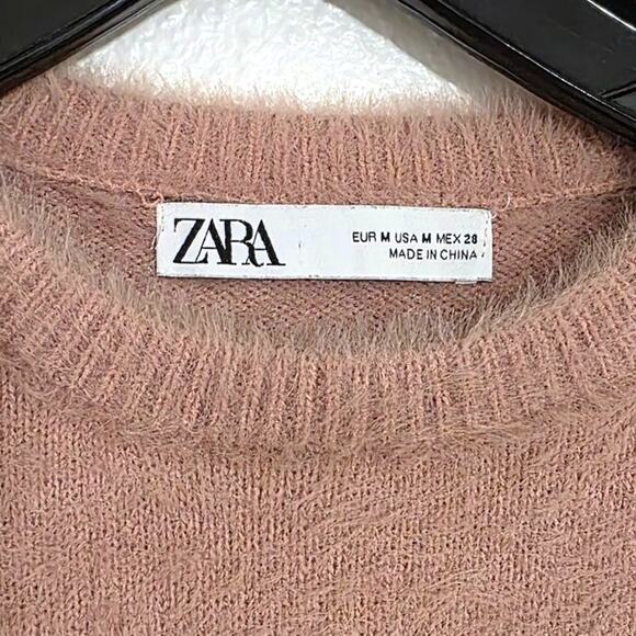 Zara Fuzzy Rose Faux Fur Knit Sweater Puff Sleeve Cropped Pullover Jumper Top - Picture 5 of 9